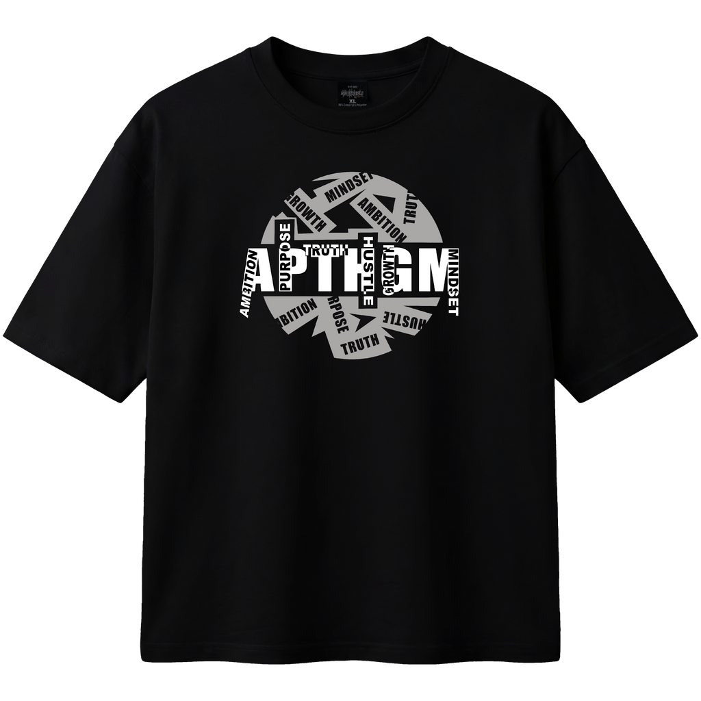 Black t-shirt with white graphic design on a transparent background