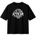 Black t-shirt with white graphic design on a transparent background