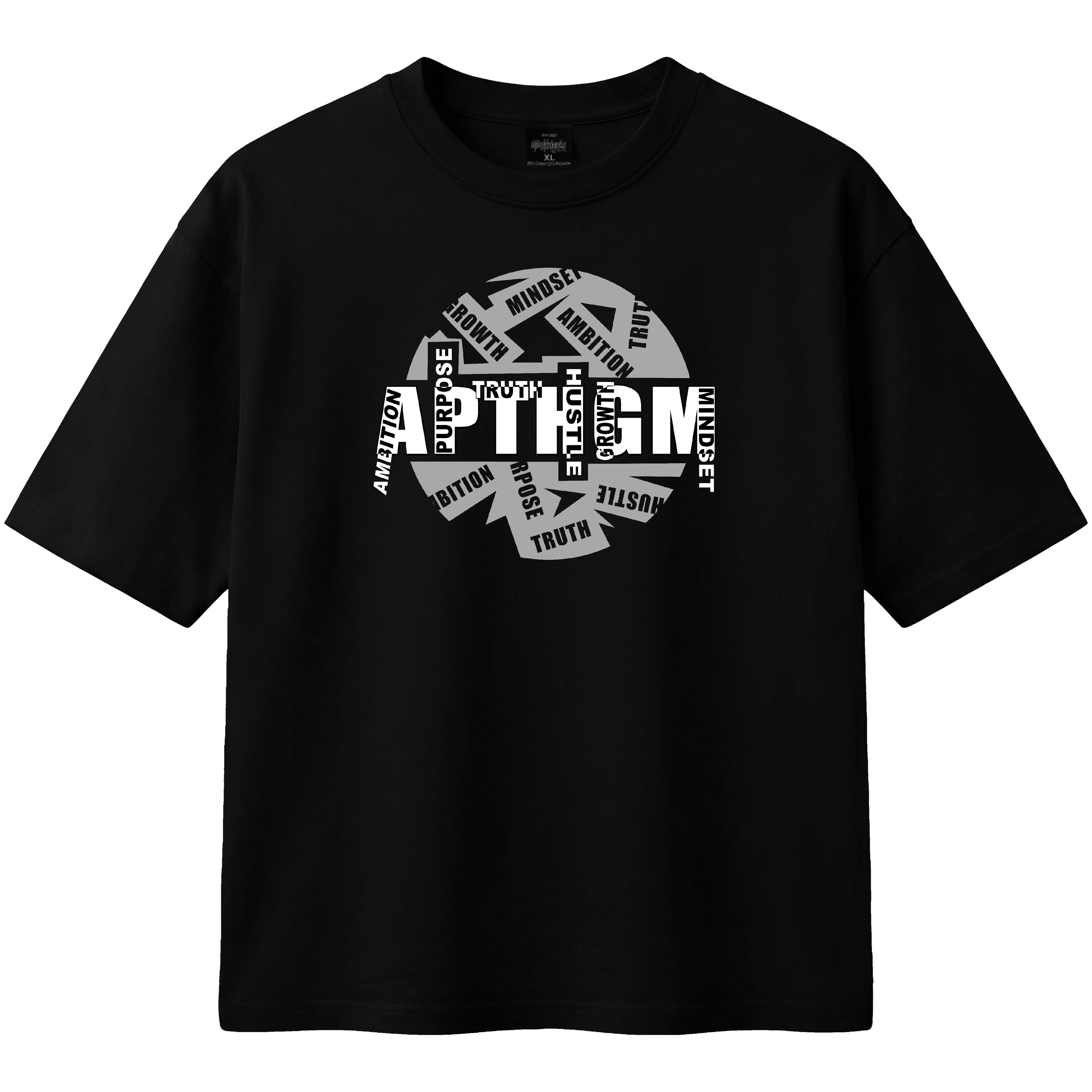 Black t-shirt with white graphic design on a transparent background