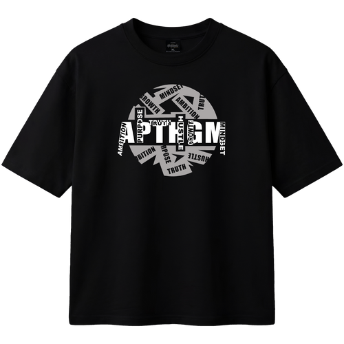 Black t-shirt with white graphic design on a transparent backgroundAPTHGM V2 - BLACK