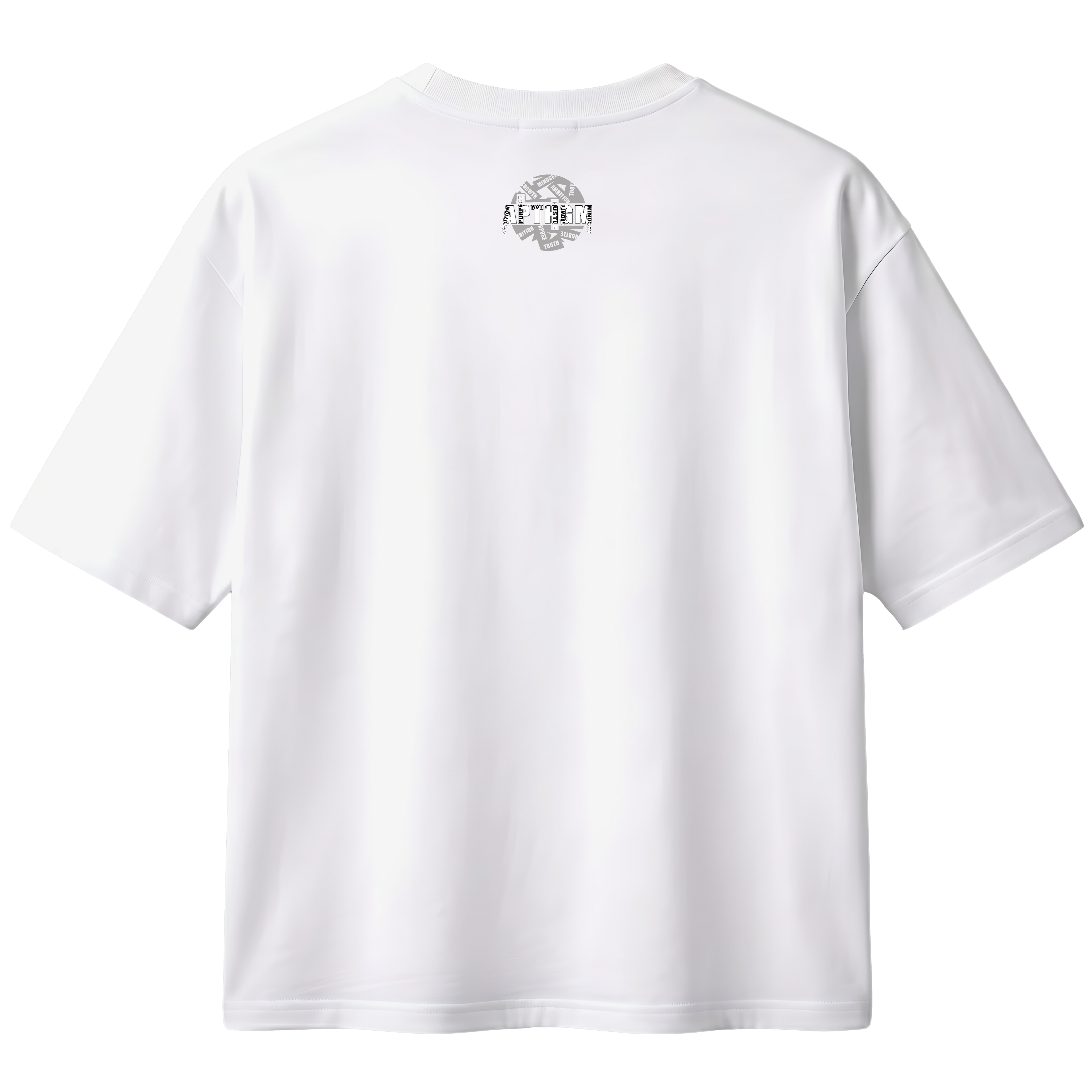 White t-shirt with a logo on the back against a white background
