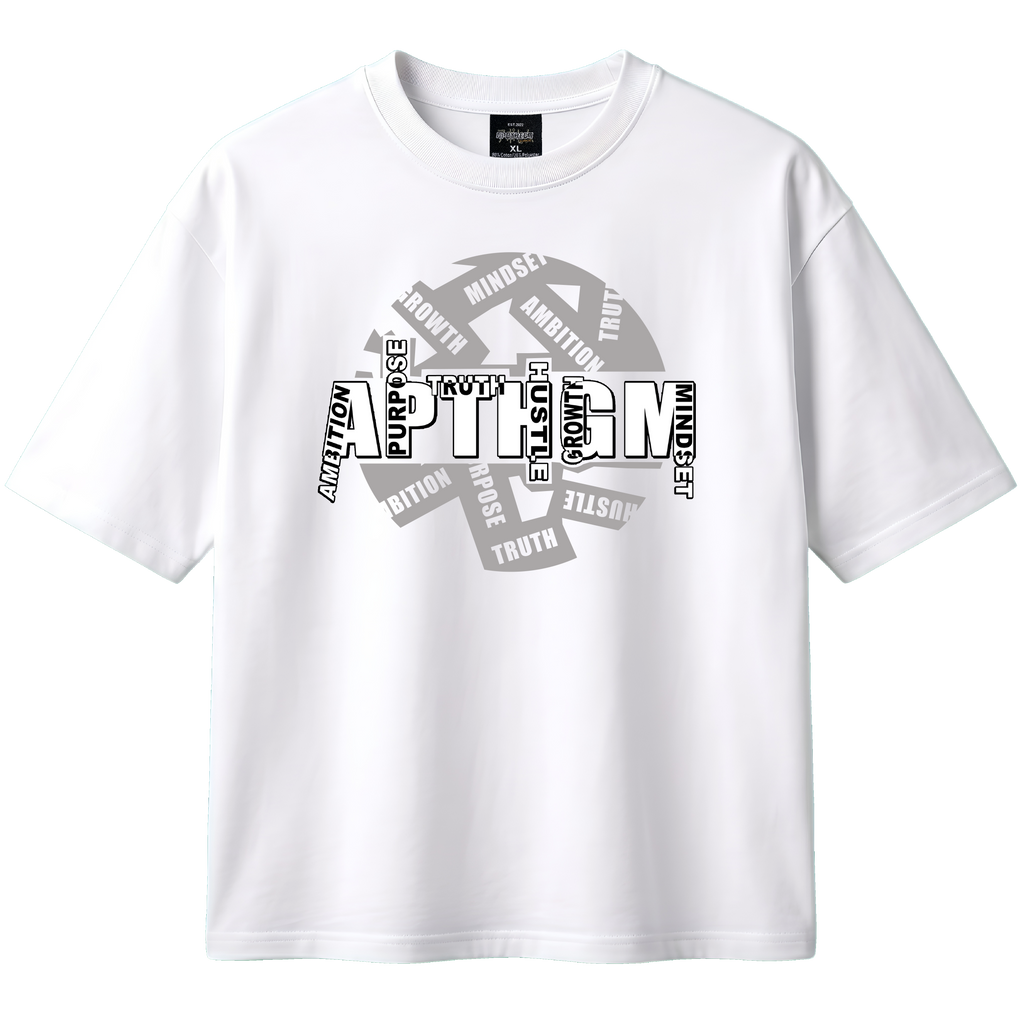 White t-shirt with black and gray graphic design on a white background