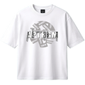 White t-shirt with black and gray graphic design on a white background
