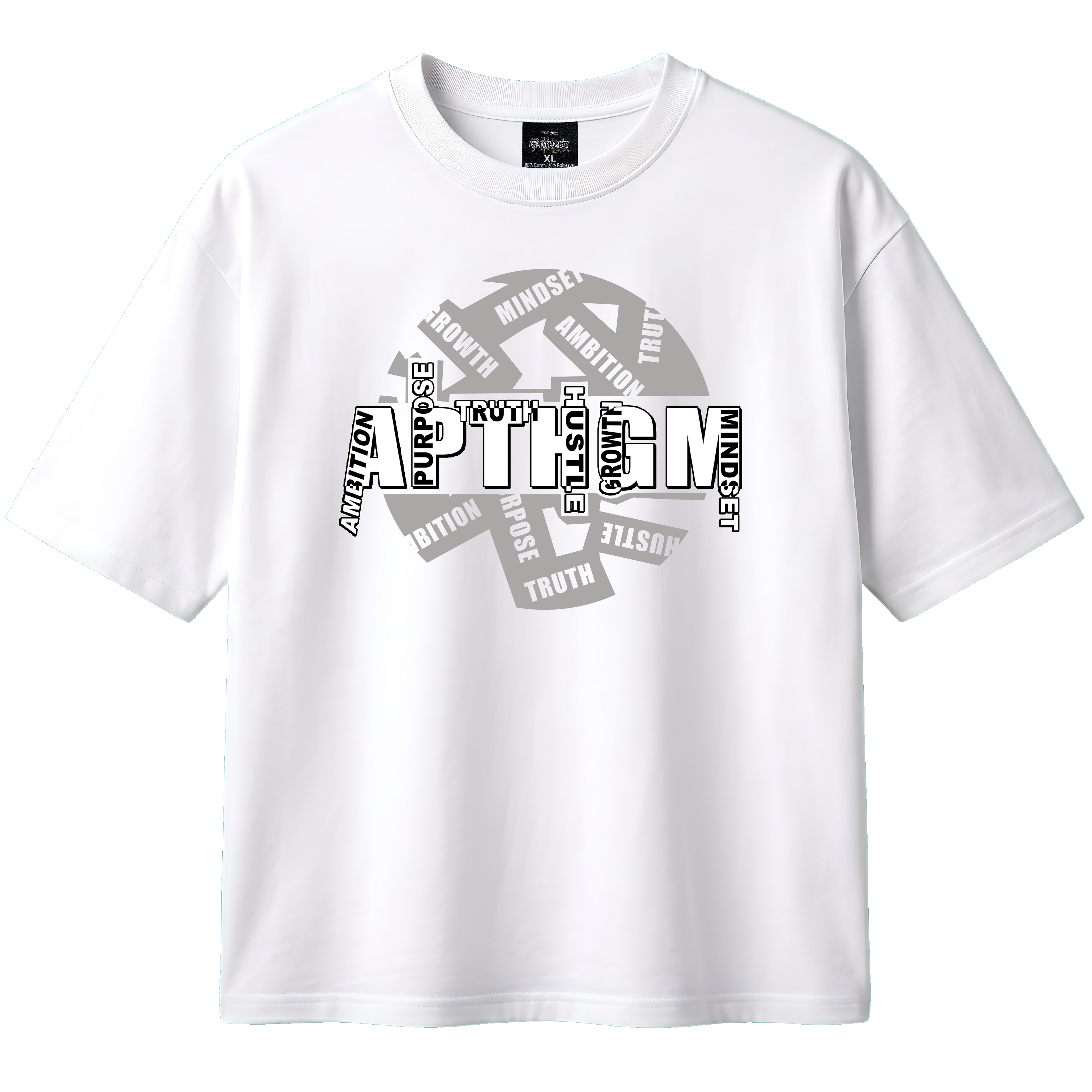 White t-shirt with black and gray graphic design on a white background